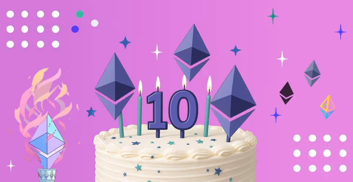 Birthday cake with the number 10, candles and Ethereum logos