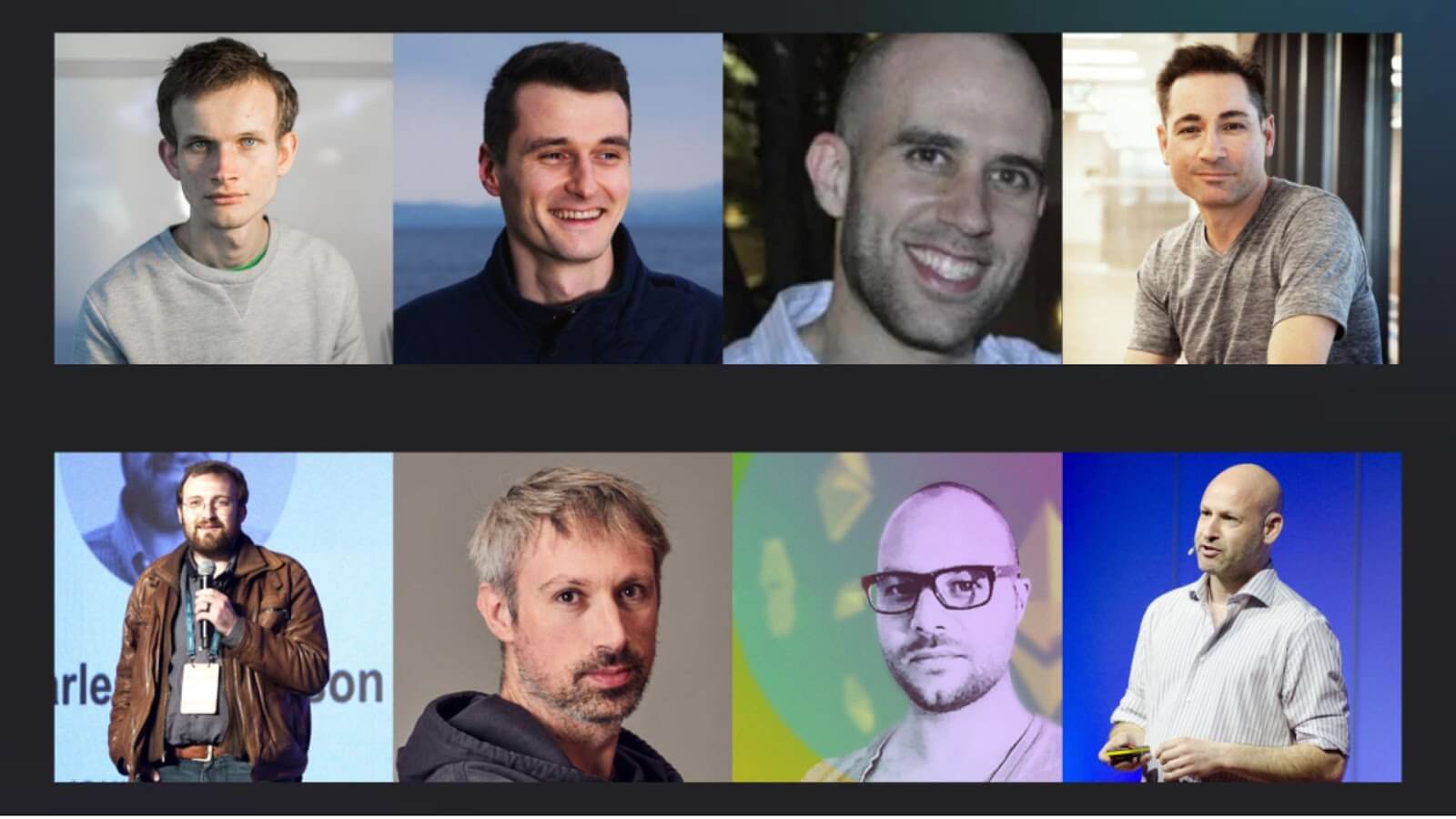 The 8 Founders of Ethereum: Vitalik Buterin, Mihai Alisie, Amir Chetrit, Anthony Di LorioCharles Hoskinson, Gavin Wood, Jeffrey Wilcke, Joseph Lubin