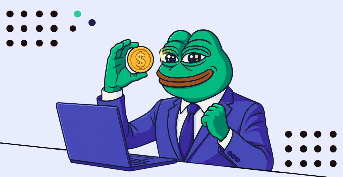 Pepe the frog in a suit in front of a computer holding a coin with the bitcoin logo