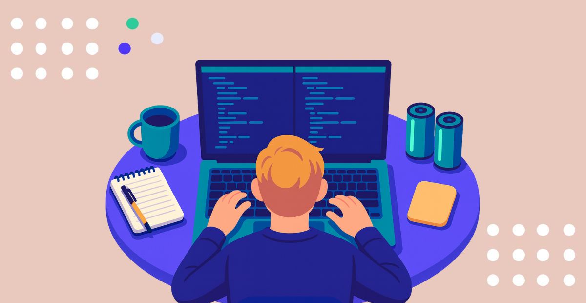 Man at the table writing code on a computer