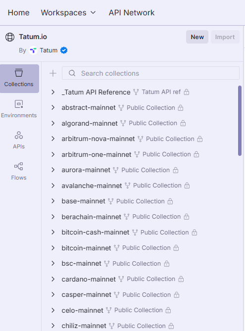 List of folders representing blockchains in the collections in Postman