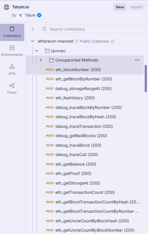 Tatum Ethereum mainnet JSON-RPC collection with a list of POST methods in Postman