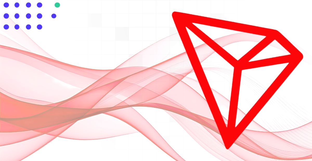 Abstract background with flowing red wave lines and a large red TRON (TRX) logo on the right side, with small blue and green dots from Tatum in the top-left corner.