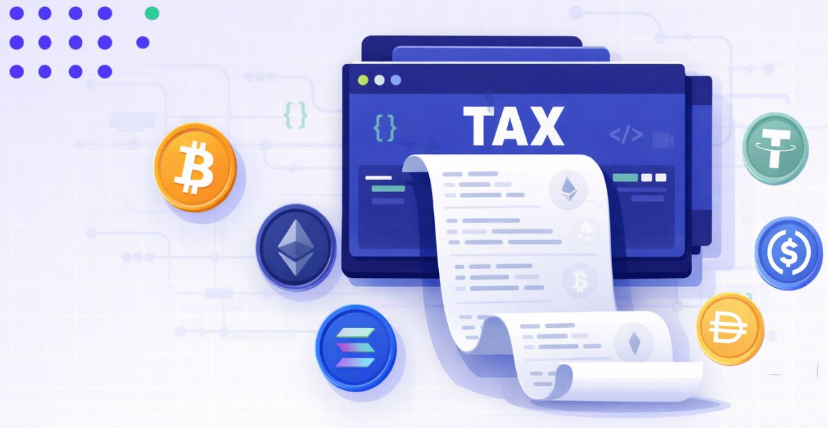 Top 7 crypto tax tools illustration with digital tax document, cryptocurrency icons like Bitcoin and Ethereum, and a software dashboard interface