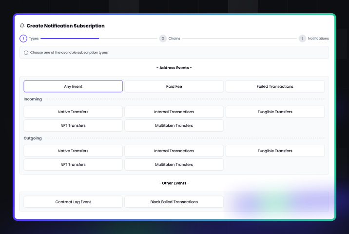 Notification Subscription builder from your Tatum.io dashboard.