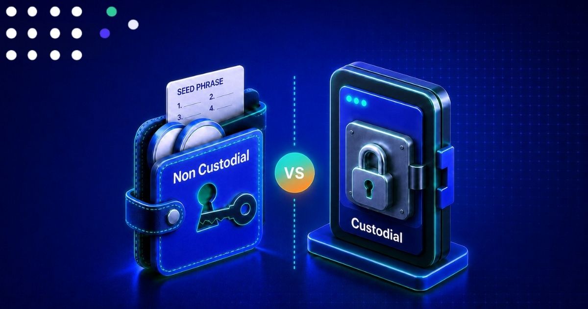 3D illustration comparing non custodial and custodial crypto wallets, with both wallet icons centered on a glowing blue background and a “VS” indicator between them, representing the difference between user controlled and third party managed digital asset 