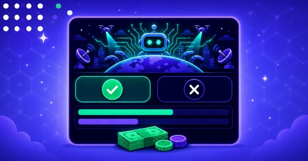 A minimalist cartoon style prediction market interface showing a playful scenario about AI taking over the world by 2027. In the center, a card styled like a Polymarket UI displays two outcomes, Yes and No, with an odds chart. A colorful, high contrast AI 