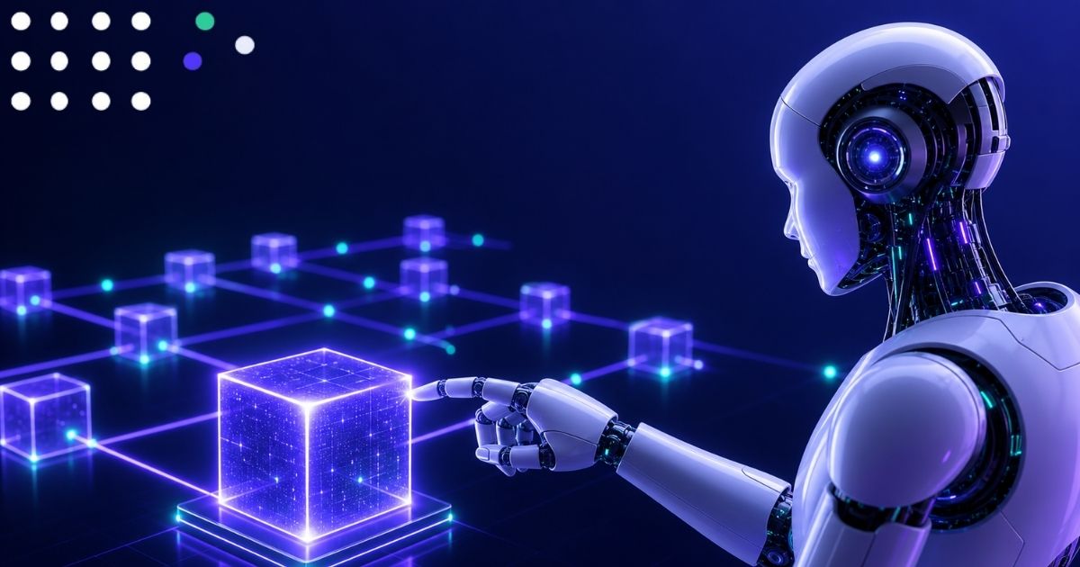 AI robot interacting with a glowing blockchain cube on a connected network grid, representing the intersection of artificial intelligence and decentralized technology
