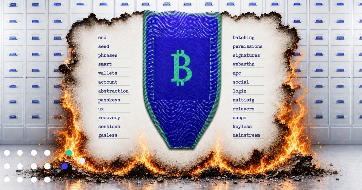 A clean Web3 themed illustration with a light background, featuring scattered paper notes split evenly on the left and right. Each side contains twelve short phrases related to crypto user experience, including seed phrases, smart wallets, gas abstraction,