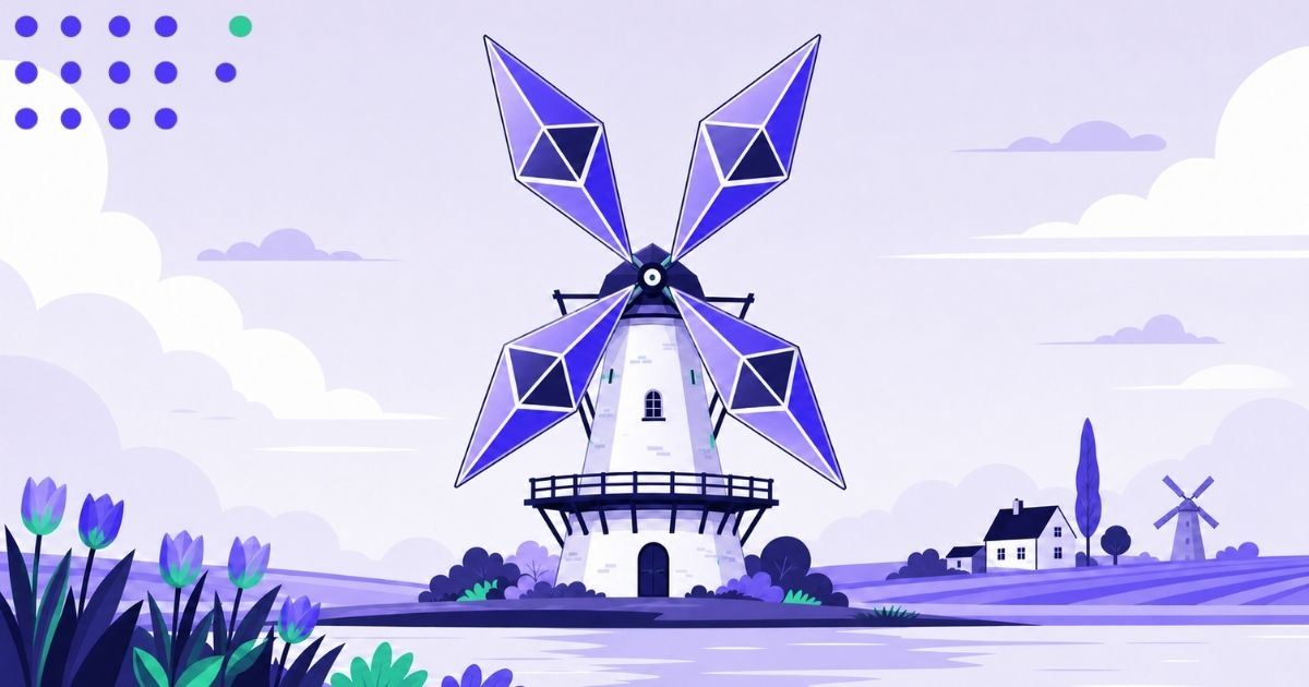 Windmill with turbine blades shaped like elongated Ethereum logos, set in a landscape with green accented flowers, using a purple and dark blue color palette.
