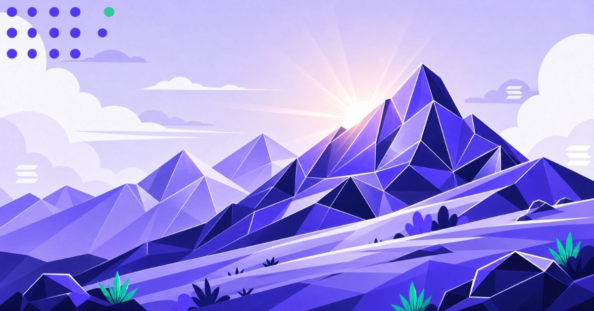 Stylized geometric mountain landscape at sunrise in purple and blue tones with Solana Alpenglow Upgrade