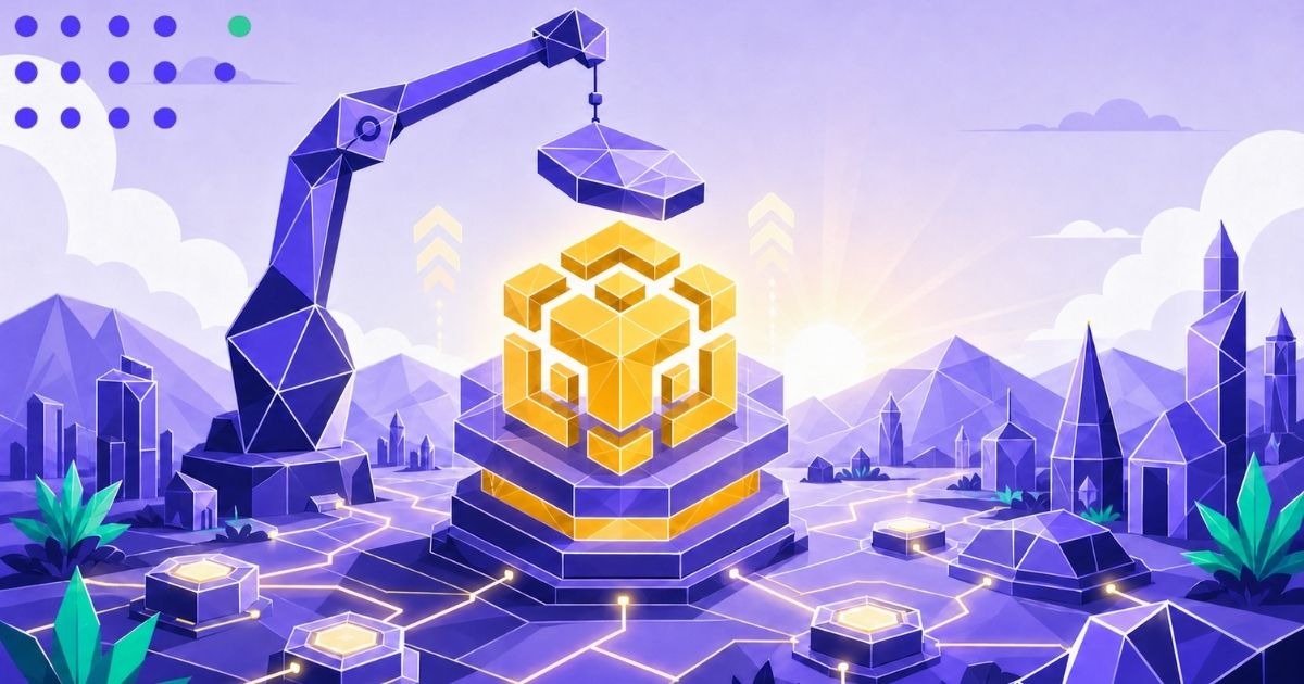 Stylized purple geometric landscape with a glowing central Binance Smart Chain inspired cube symbol, representing network upgrades and evolution, set against a soft gradient sky with abstract clouds and subtle green accents