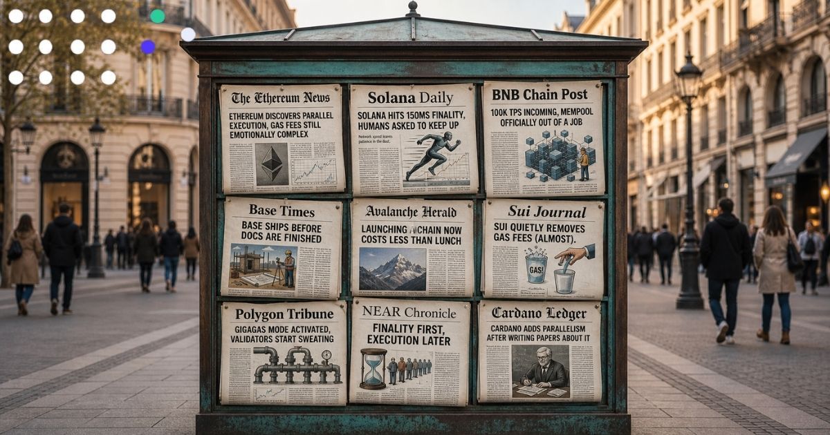 A realistic street kiosk displaying a colorful selection of blockchain themed newspapers in landscape format, with distinct typography, humorous headlines, and editorial illustrations.