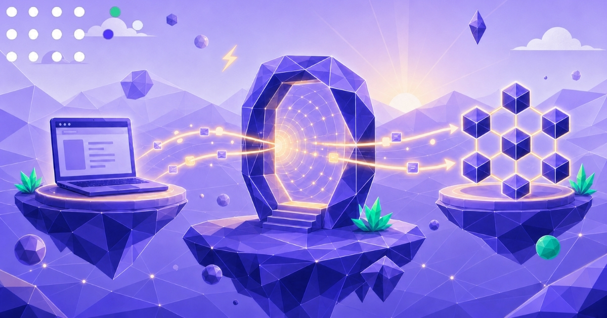 Futuristic Web3 portal connecting a laptop and blockchain nodes across a glowing purple digital landscape.