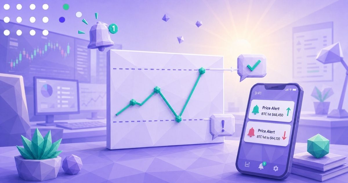 Illustration of a green cryptocurrency price chart triggering upward and downward price alerts, with a smartphone displaying a notification in a modern trading room background.
