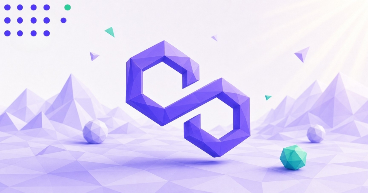 Abstract blockchain illustration featuring a purple geometric chain logo floating above a faceted lavender landscape, with mountains, crystal shapes, and a small turquoise polygon in the foreground.