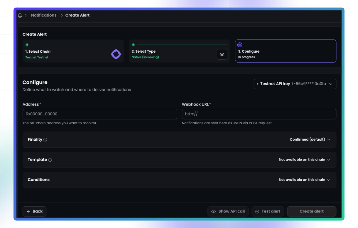 Notifications Builder from your Tatum.io Dashboard.
