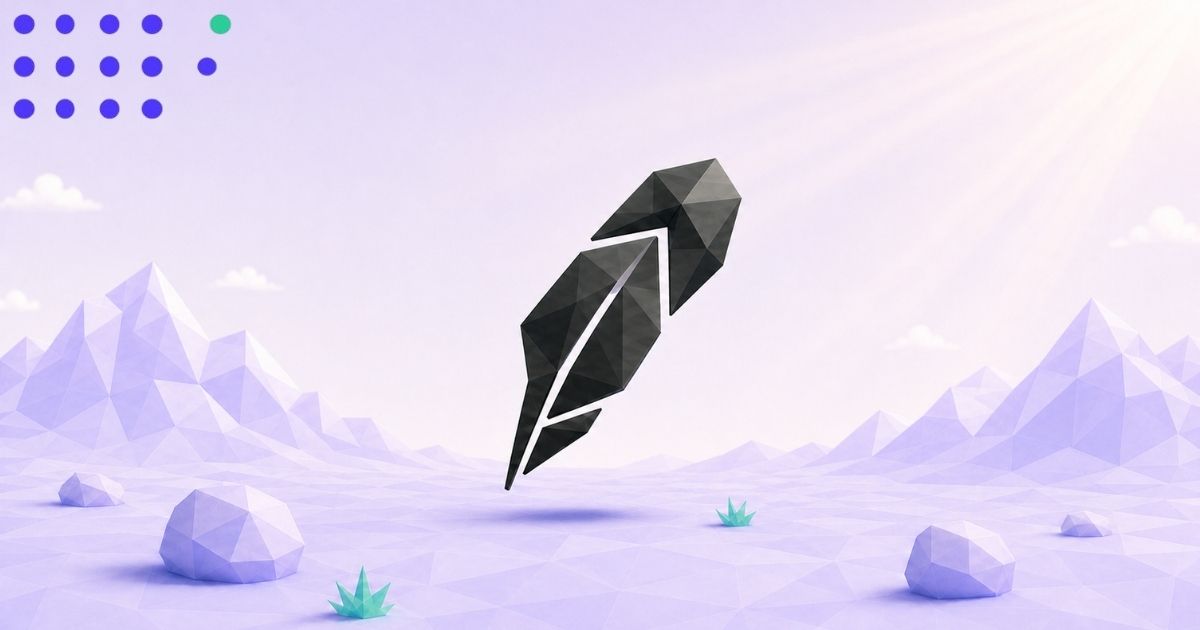 A large purple geometric Robinhood logo centered above a faceted lavender landscape, with crystalline mountains, floating shards, and teal geometric accents.