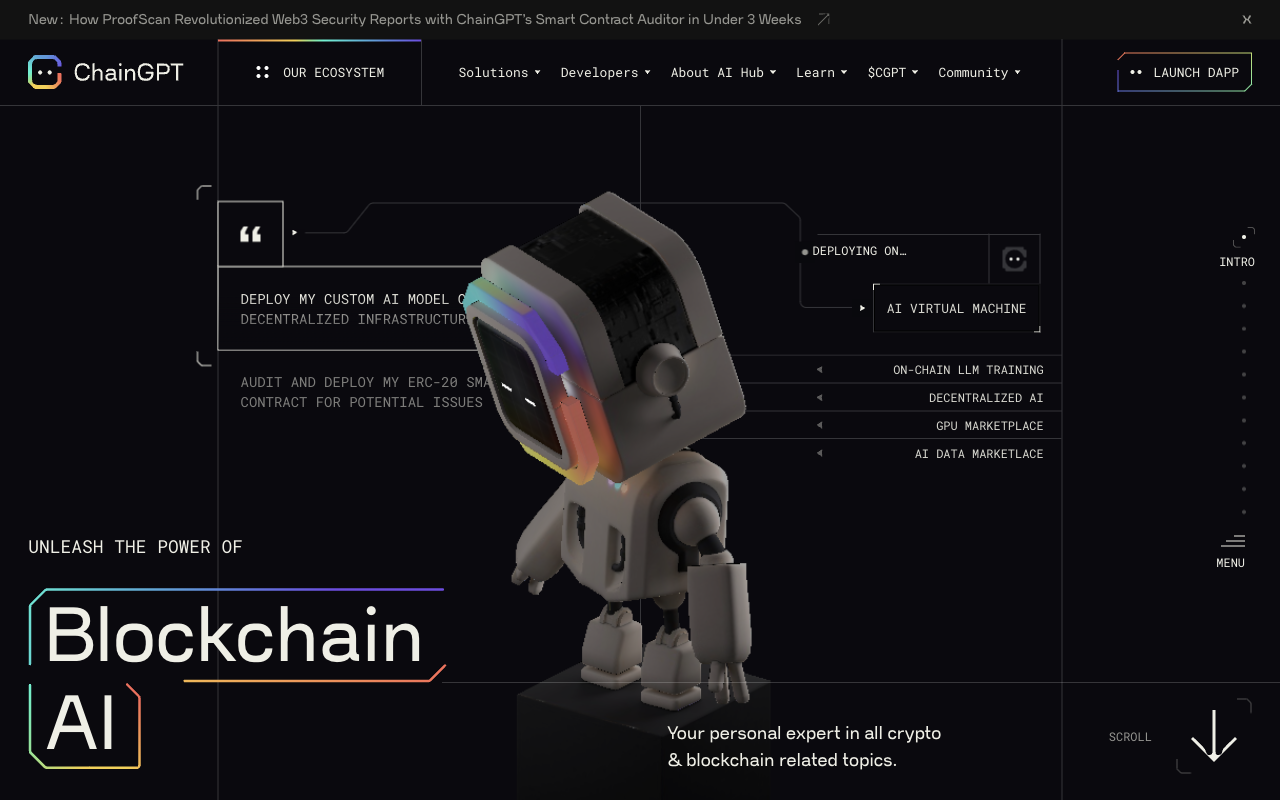 ChainGPT homepage. Unleash the power of Blockchain AI, with a robot and prompts to deploy a model and audit an ERC-20 contract.
