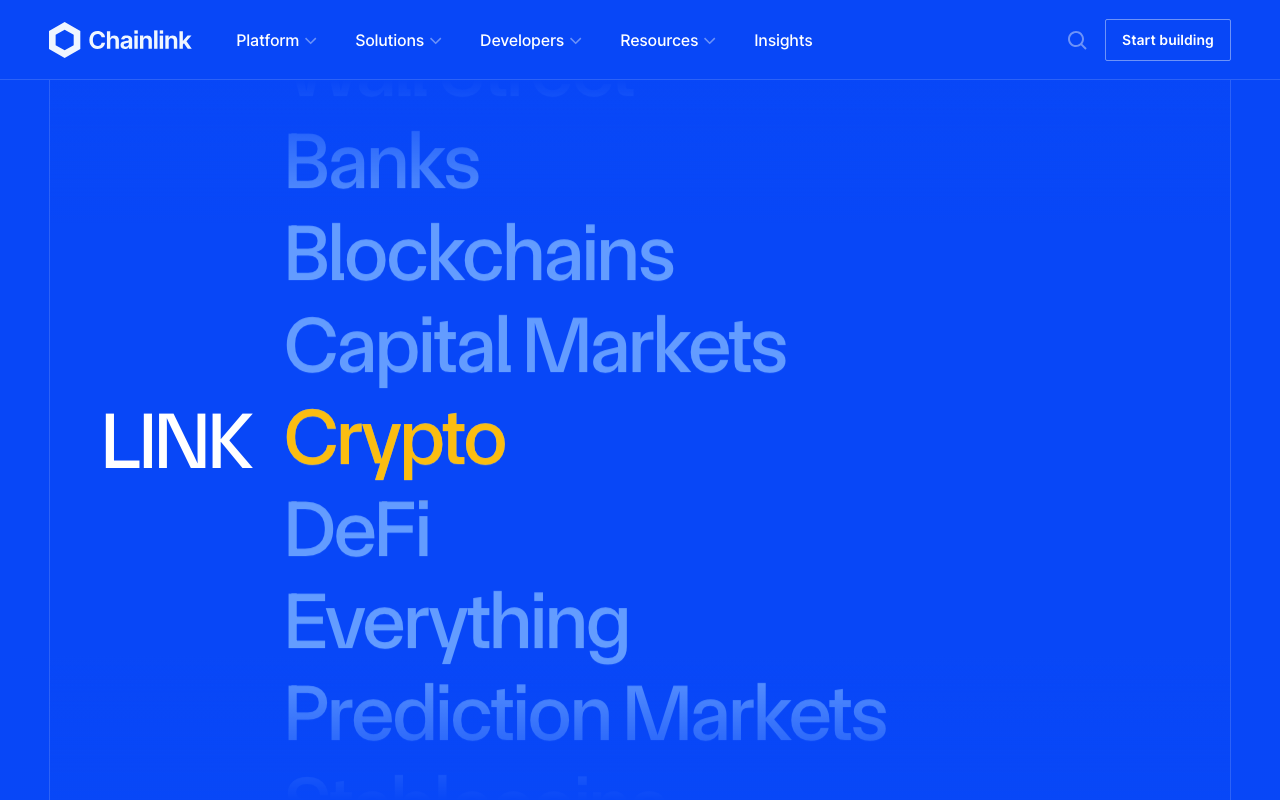 Chainlink homepage. A blue field lists Banks, Blockchains, and Capital Markets, with Crypto highlighted in yellow beside LINK.