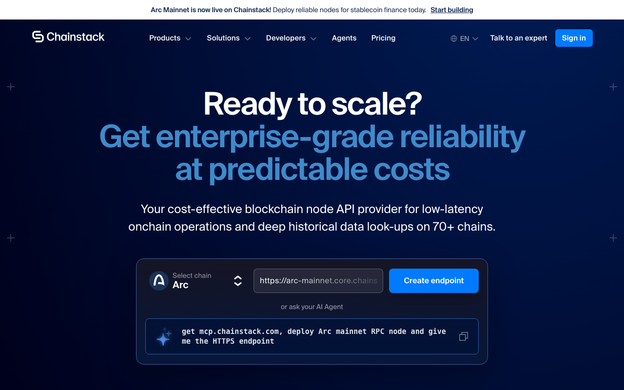 Chainstack homepage. The headline reads Ready to scale, with a prompt that asks for mcp.chainstack.com and an Arc mainnet RPC endpoint.