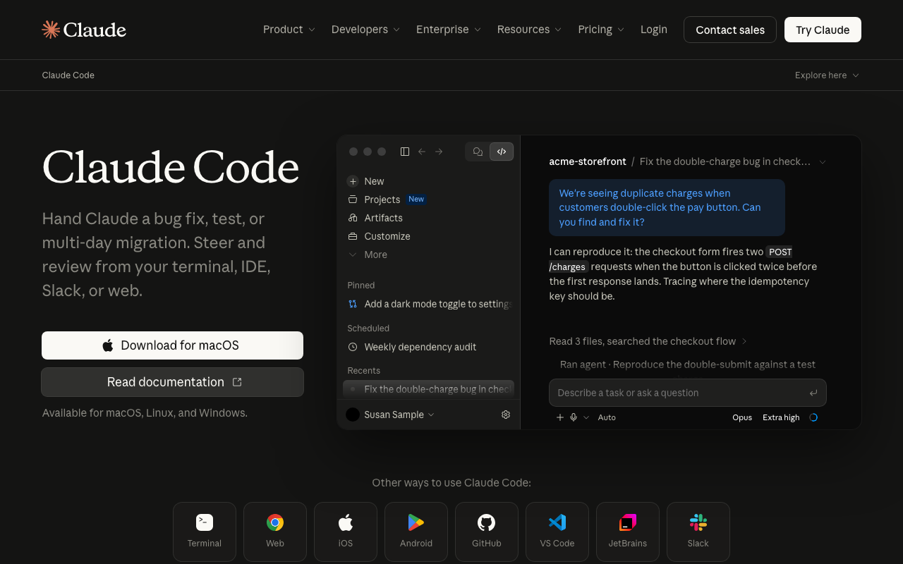 Claude Code homepage. The headline reads Claude Code, beside a product window working on a checkout bug fix, with download buttons for macOS.