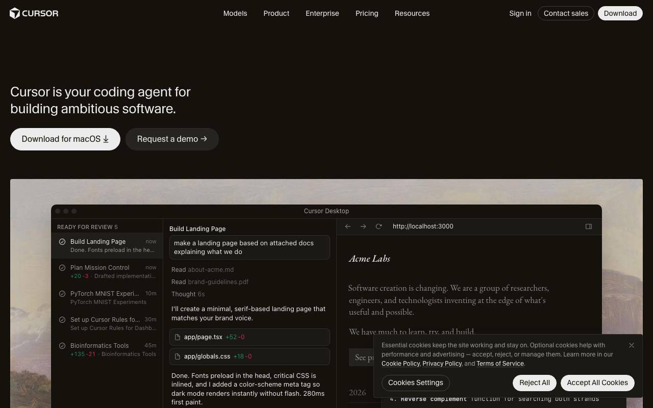 Cursor homepage. The headline reads: Cursor is your coding agent for building ambitious software. Below it, a desktop window shows an agent editing a landing page.