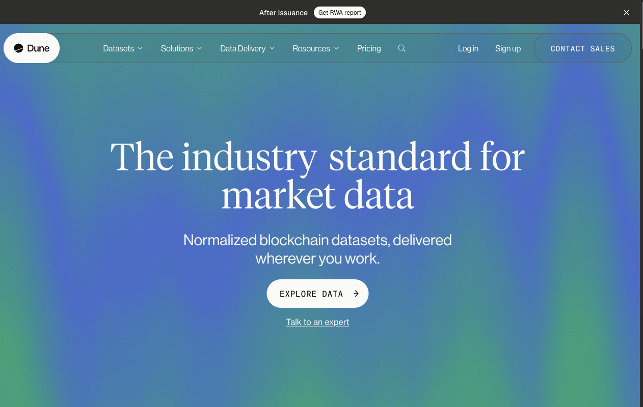 Dune homepage. The headline reads The industry standard for market data, with an Explore data button under the navigation.