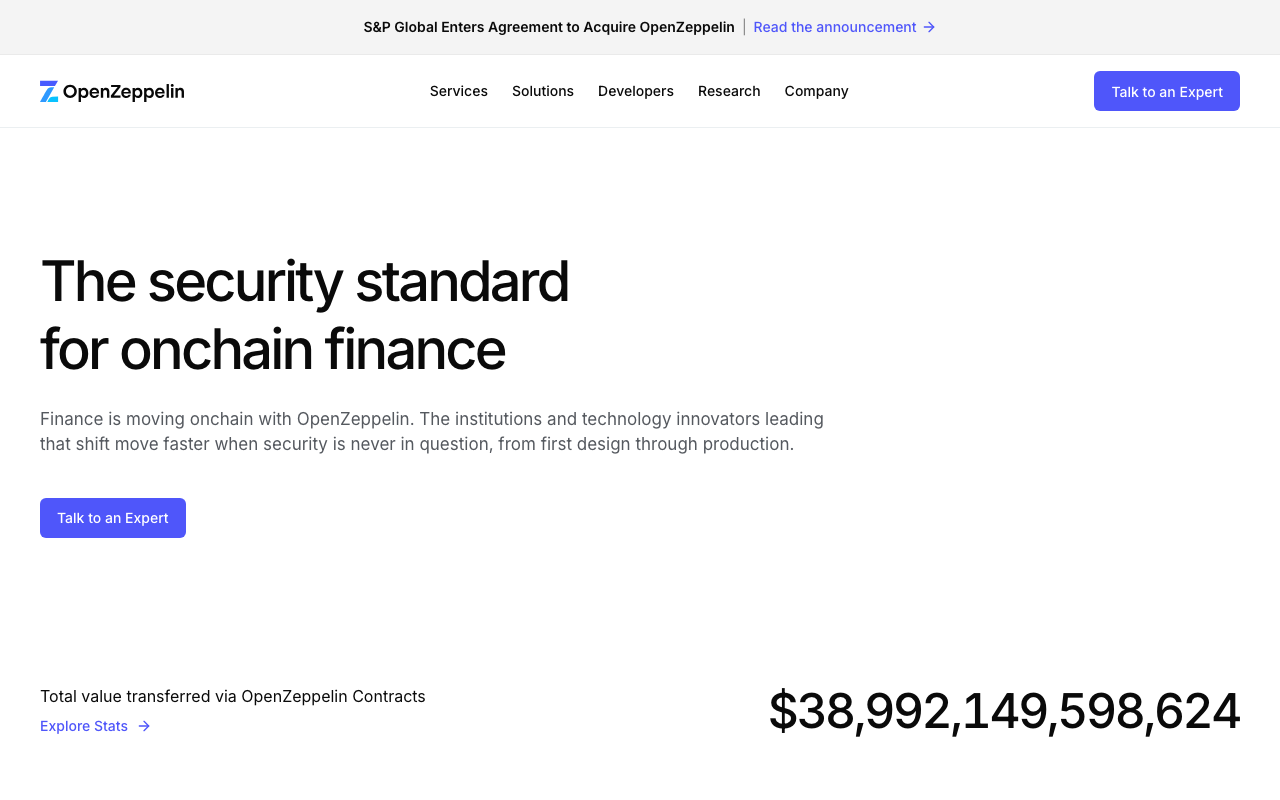OpenZeppelin homepage. The headline reads The security standard for onchain finance, with the total value transferred through OpenZeppelin contracts.