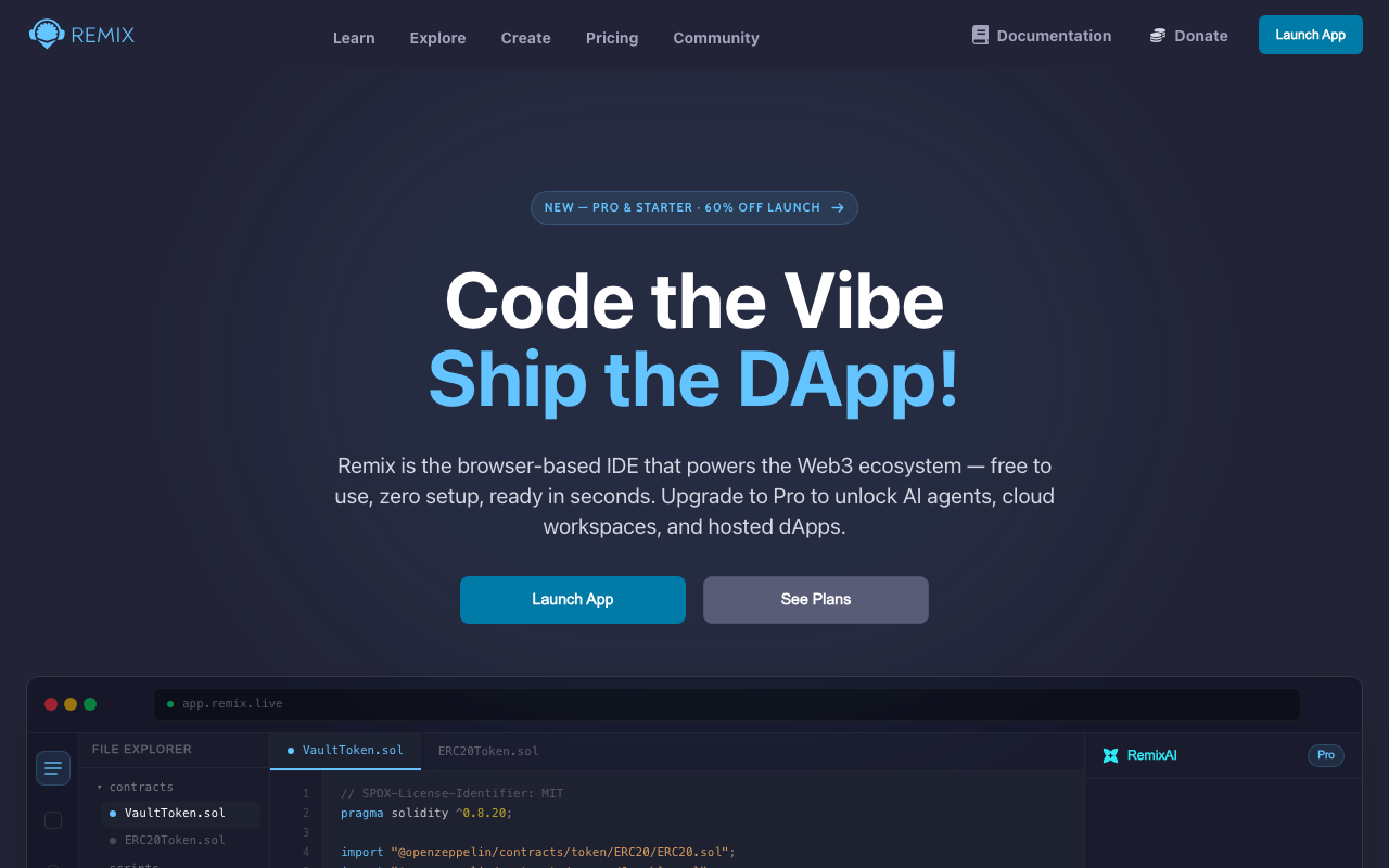 Remix homepage. The headline reads Code the Vibe, Ship the DApp, above a browser IDE with RemixAI open on a Solidity file.