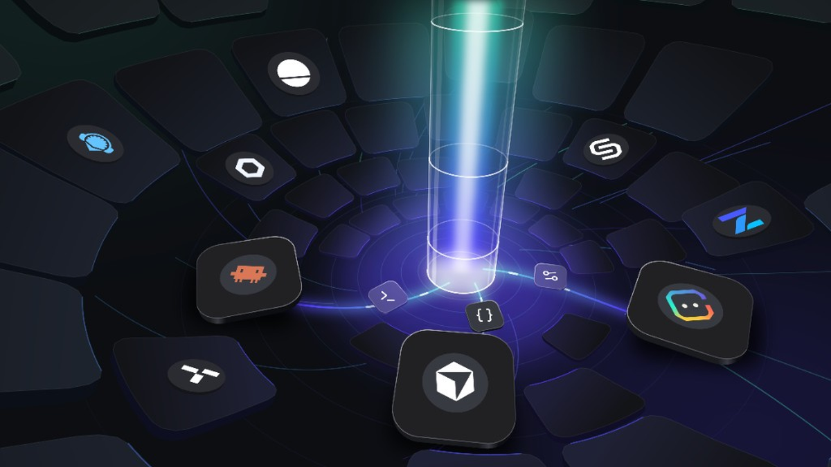 A dark vortex of tool tiles around a glowing cyan beam, with Tatum, Chainstack, and other on-chain AI builder icons in the foreground.
