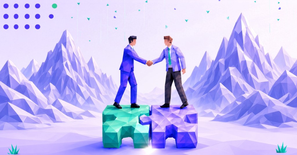 Low-poly handshake on interlocking mint and purple puzzle pieces against lavender mountains — Biggest Web3 Acquisitions 2026