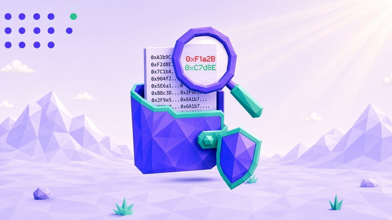 Purple low-poly wallet with a magnifying glass over blockchain addresses and a teal shield