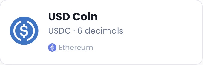 USD Coin card with the USDC logo, 6 decimals, and a small Ethereum chain badge.