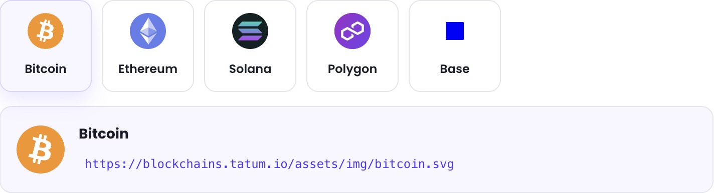 Chain logo picker with Bitcoin, Ethereum, Solana, Polygon, and Base. Bitcoin is selected and the CDN URL is https://blockchains.tatum.io/assets/img/bitcoin.svg.