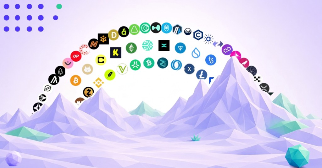 Lavender low-poly mountains under an arc of blockchain and token logos