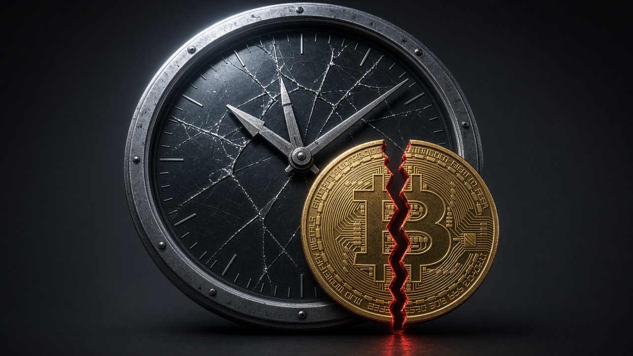 A cracked steel clock near midnight, with a gold Bitcoin coin split by a red fracture.