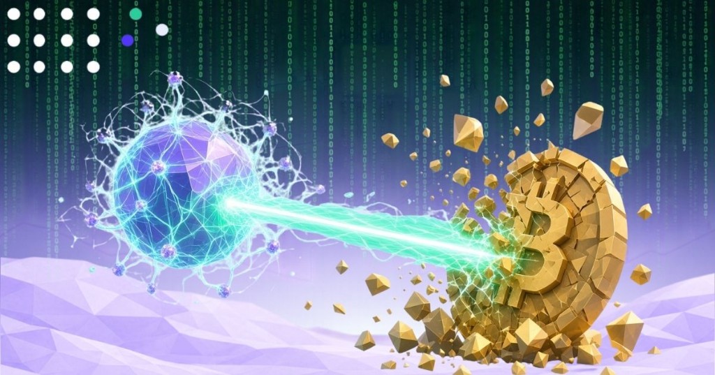 A violet crystal sphere wrapped in mint neural threads fires a beam into an exploding gold Bitcoin coin, against falling code and a lavender low-poly ground