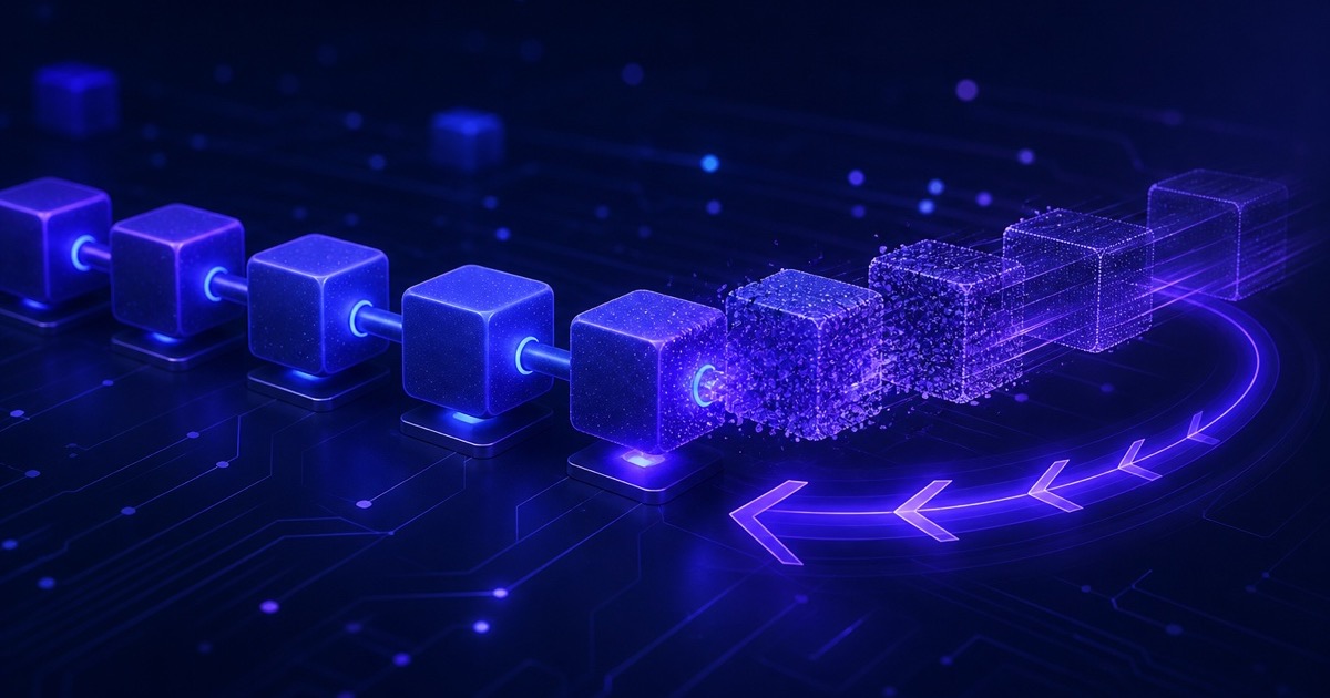 Geometric illustration of a blockchain rolling back: restored blocks aligned on the left, later blocks dissolving backward along a purple chain.