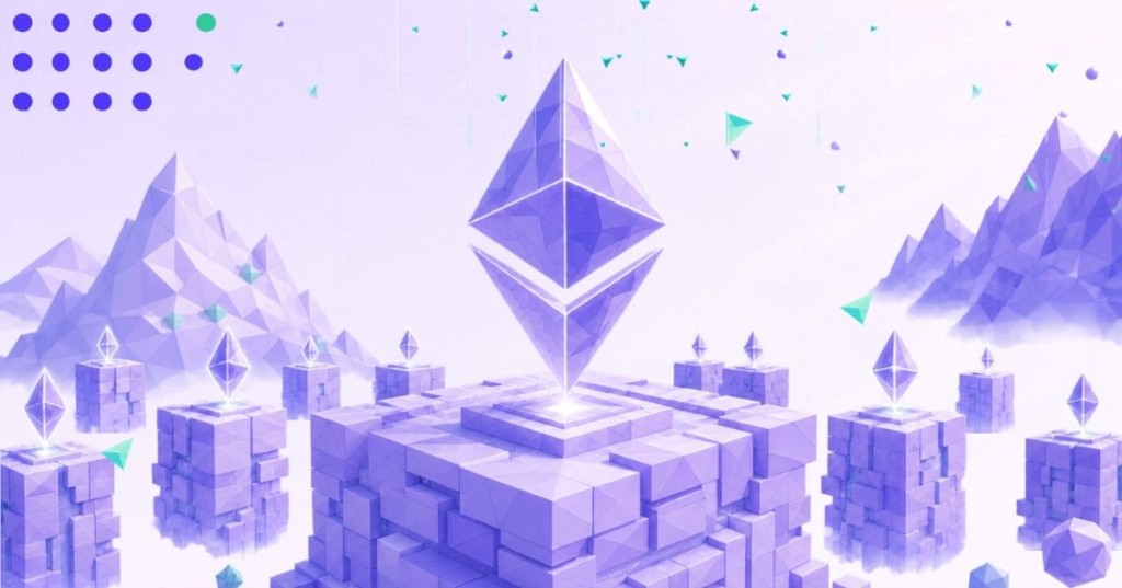 Low-poly Ethereum crystal floating above violet block pillars in a lavender landscape