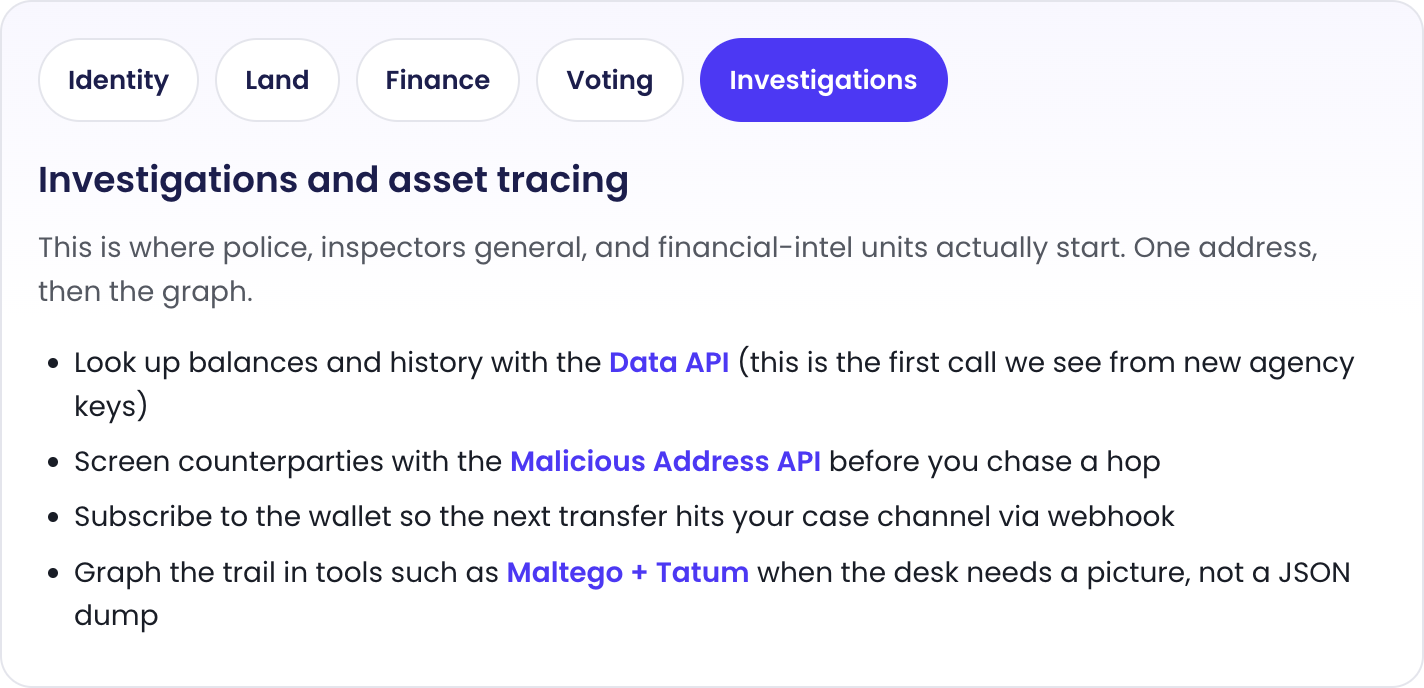 Government use cases for Tatum: identity, land records, public finance, voting, and crypto investigations