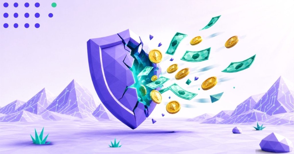 Low-poly 3D purple shield cracked open over a lavender landscape, with Ethereum coins and banknotes spilling out.