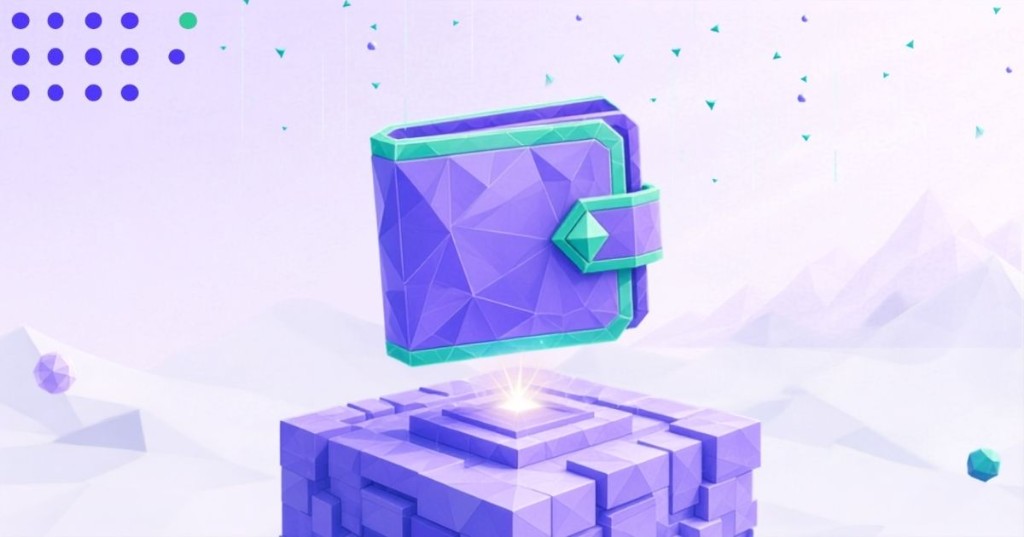 Low-poly crystalline smart wallet floating above purple cube platforms in a lavender landscape