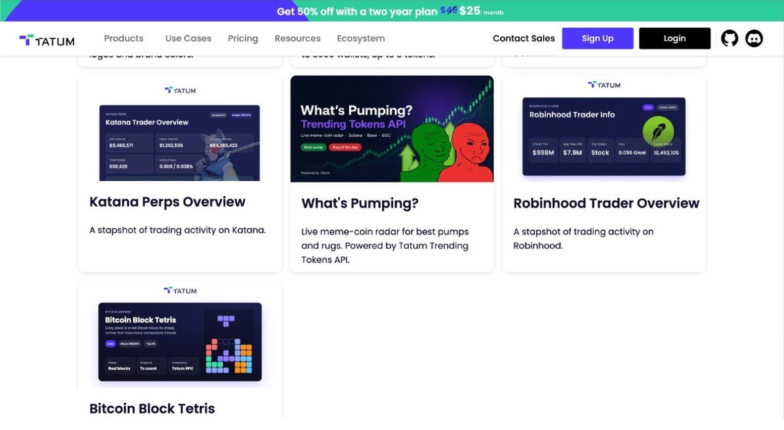 Tatum mini apps: Katana Perps Overview, What's Pumping, Robinhood Trader Overview, and Bitcoin Block Tetris