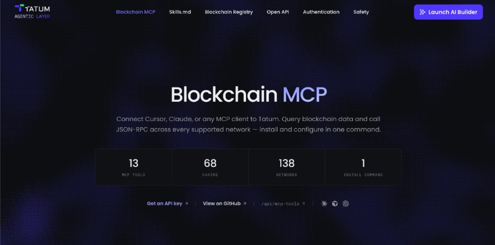 Tatum Blockchain MCP page with 13 tools, 68 chains, 138 networks, and one install command