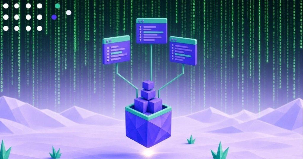 Low-poly purple cube with three app windows branching above it, over lavender mountains and a green code rain