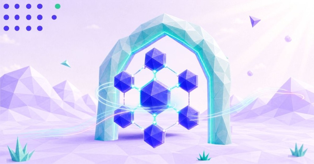 Low-poly lavender landscape with a faceted arch framing a cluster of glowing hexagonal crystals linked by teal traces.