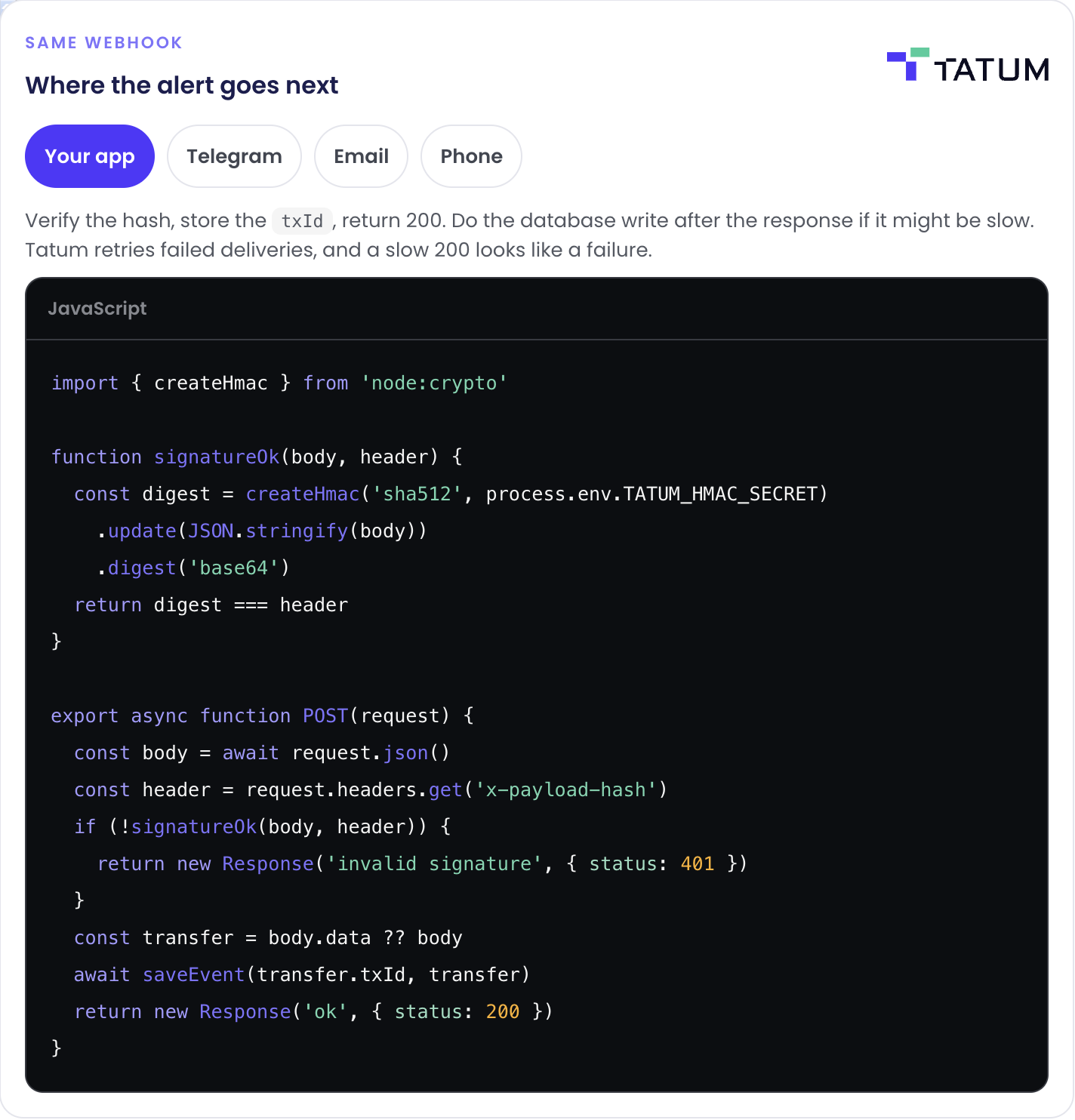 Destination switcher with Your app selected. The same Robinhood Chain webhook can update an application, a Telegram chat, an email inbox, or a phone.