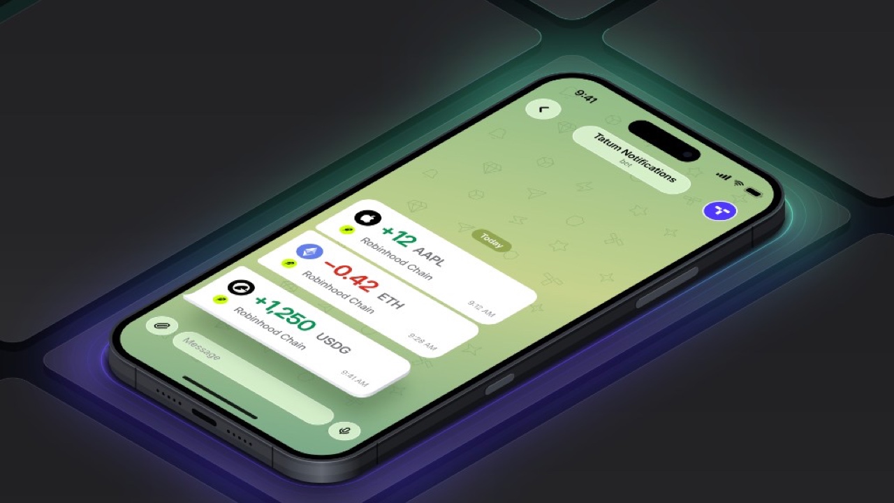 iPhone showing a Tatum Notifications chat. Robinhood Chain alerts for +12 AAPL, 0.42 ETH sent, and +1,250 USDG.