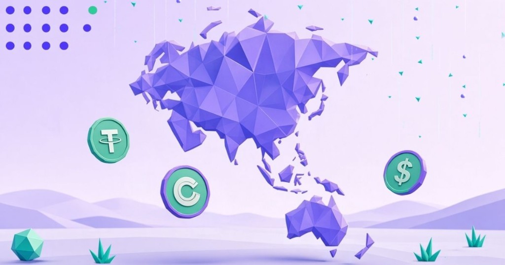 Low-poly Asia-Pacific map with USDT, USDC, and dollar stablecoin discs over a flat lavender landscape